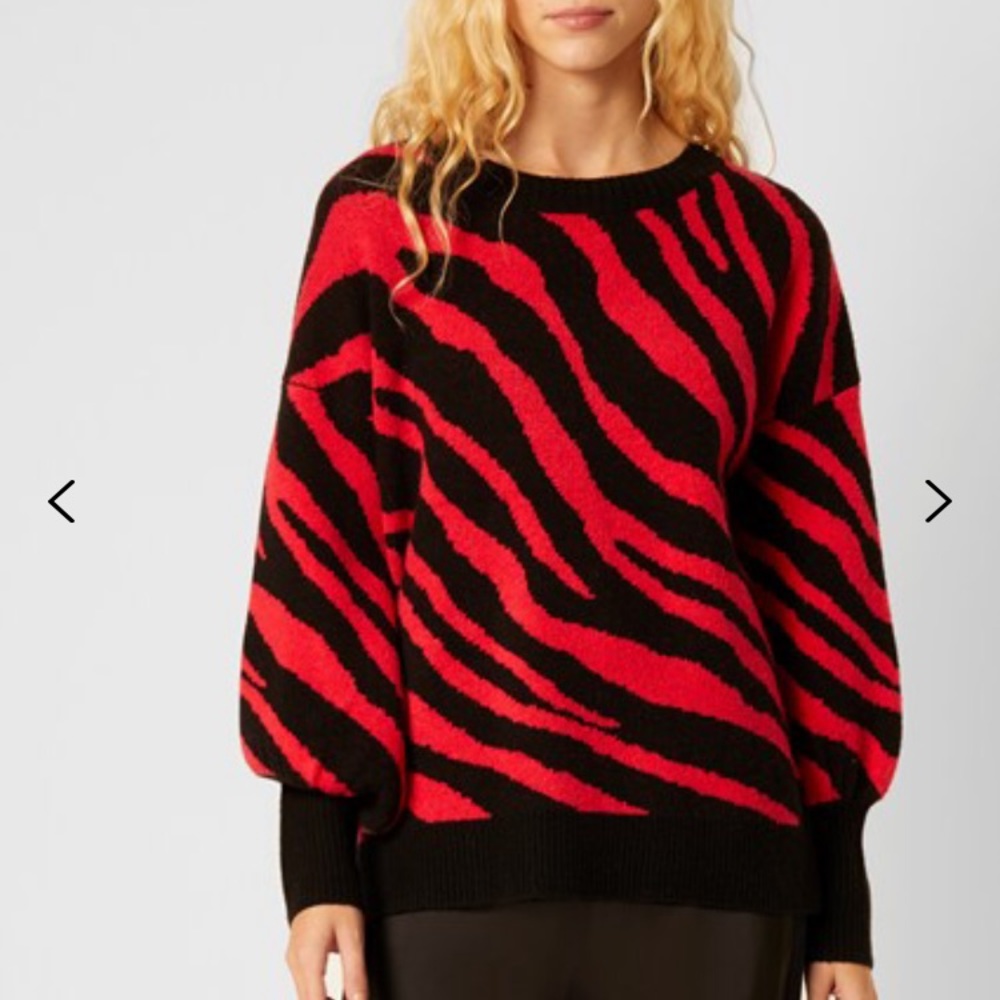 French Connection Red Two Tone Tiger Jacquered Crew Neck Sweater Size Small